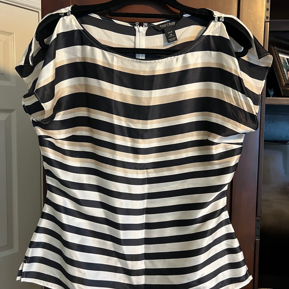 WHBM Silk blouse, cream,black, and tan stripes. Beautiful arm detail, silk